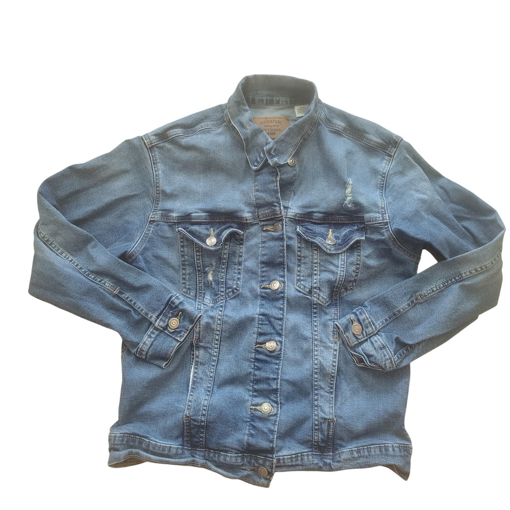 Signature Levi Strauss Gold Label Denim Jacket Womens Small Med Wash Distressed
